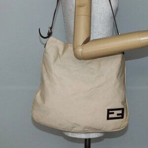 FENDI Shoulder Bag Canvas Beige Silver Auth